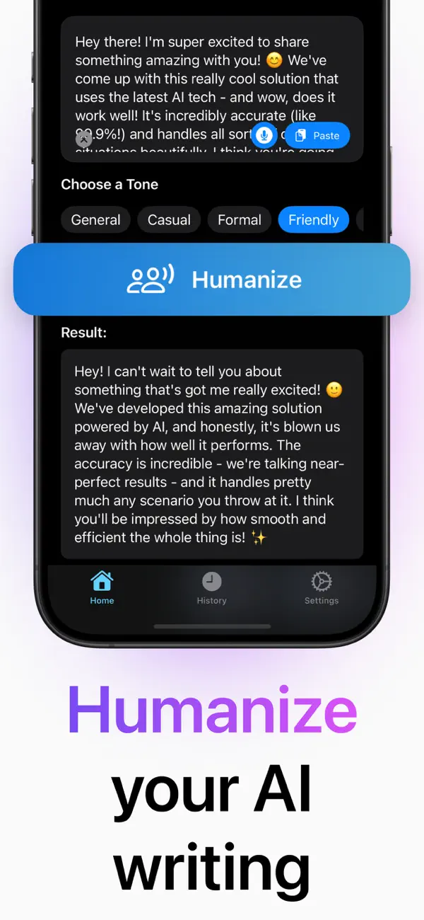 The humanizer in the iPhone app: a friendly tone picked and the rewritten text below it